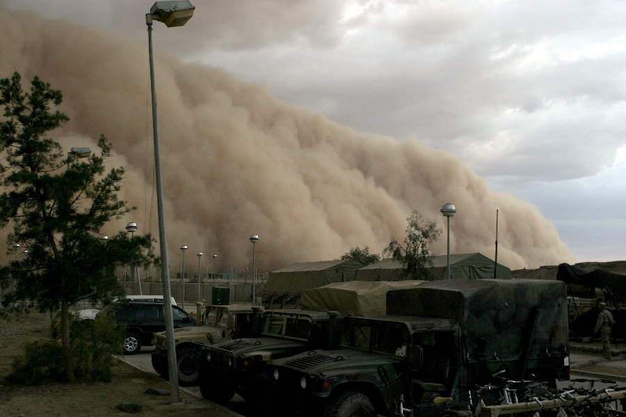 2. As Nightfall Approaches So Does a
                            Very Powerful, Very Fast Desert Windstorm
                            Accompanied by Huge Mountains of Sand, a
                            Massive Sandstorm Which Will Reduce
                            Visibility to Near Zero, April 27, 2005, Al
                            Asad, Al Anbar Province, Al Jumhuriyah al
                            Iraqiyah - Republic of Iraq. Photo Credit:
                            Corporal Alicia M. Garcia, United States
                            Marine Corps (USMC, http://www.usmc.mil);
                            Navy NewsStand - Eye on the Fleet Photo
                            Gallery
                            (http://www.news.navy.mil/view_photos.asp,
                            050427-M-5607G-001), United States Navy
                            (USN, http://www.navy.mil), United States
                            Department of Defense (DoD,
                            http://www.DefenseLink.mil or
                            http://www.dod.gov), Government of the
                            United States of America (USA).