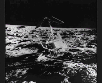 The unmanned Surveyor 3 spacecraft photographed during the Apollo 12 second extravehicular activity (EVA-2) on the surface of the Moon, November 20, 1969.