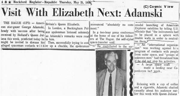 Rockford Register article on Adamski's Queen Juliana visit and rumored future visit with Queen Elizabeth II.