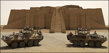 Ziggurat of Ur with US Military Tanks