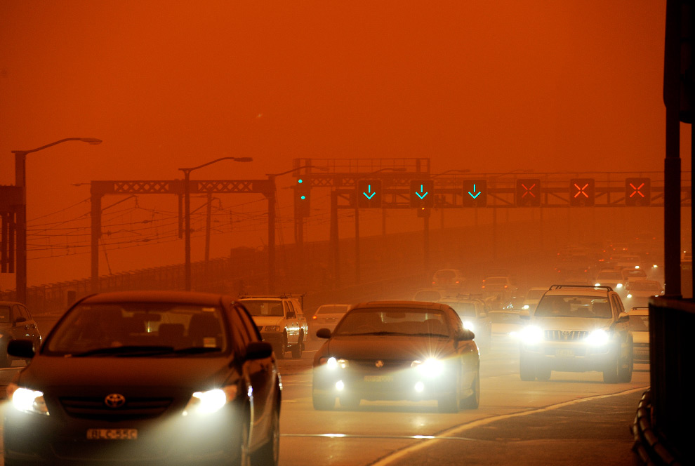 1. The Strong, Dry Desert Wind Blows
                            Huge Clouds of Sand Creating a Hovering
                            Sandstorm Which Changes the Color of the
                            Entire Area, Including the Sky, Into a
                            Surreal Orange Color (Tints of Orange), May
                            5, 2005, Tallil Air Base, Al Jumhuriyah al
                            Iraqiyah - Republic of Iraq. Photo Credit:
                            Staff Sgt. Darcie Ibidapo, United States Air
                            Force (USAF, http://www.af.mil); DefenseLINK
                            News Photos
                            (http://www.DefenseLink.mil/photos/,
                            050505-F-4903I-191), United States
                            Department of Defense (DoD,
                            http://www.DefenseLink.mil or
                            http://www.dod.gov), Government of the
                            United States of America (USA).