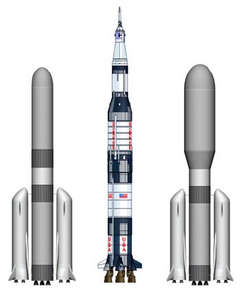 Figure 4. Normal and oversize payload versions of the Shuttle-derived Super-Heavy Spacelifter shown with the Saturn V.